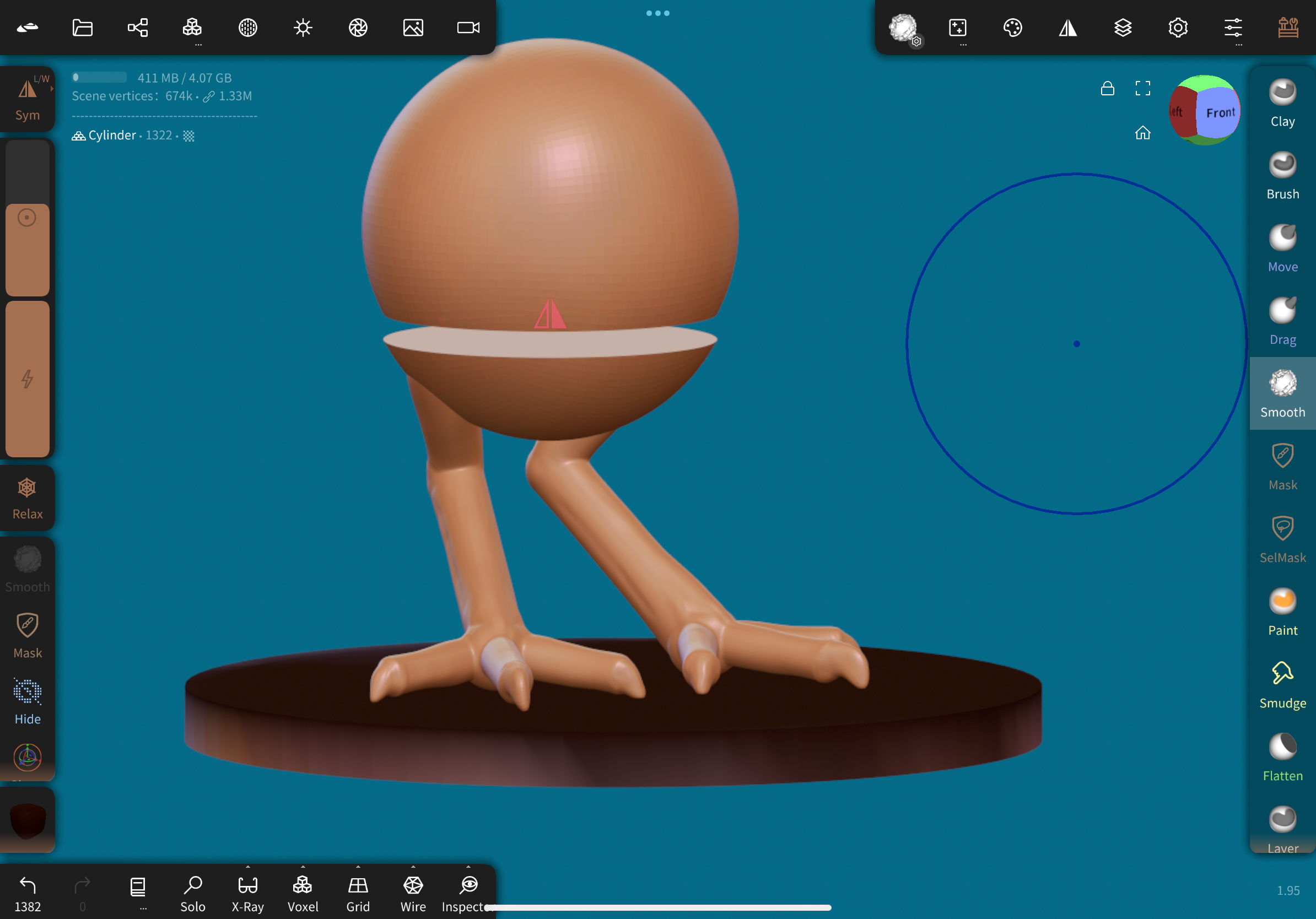 Beige orb, sliced horizontally into two pieces, in the Nomad Sculpt interface. The bottom piece has kiwi-bird legs, and it stands on a round dark wood-esque base, on a teal background.