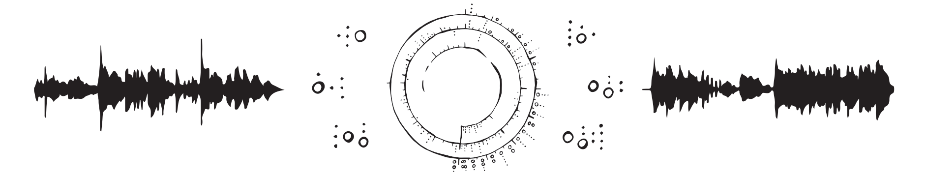 A long panel showing three concentric rings with circles and dots, surrounded by six sub-motifs, flanked by two audio waveforms.
