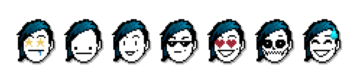 7 pixel-art emoji of Alex's face: star-eyes (with a line of drool lol), "wat" face, happy smile, cool shades, heart-eyes + grin, skull, embarrassed